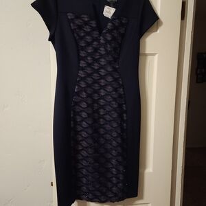 Connected Apparel Navy and Black Midi Dress